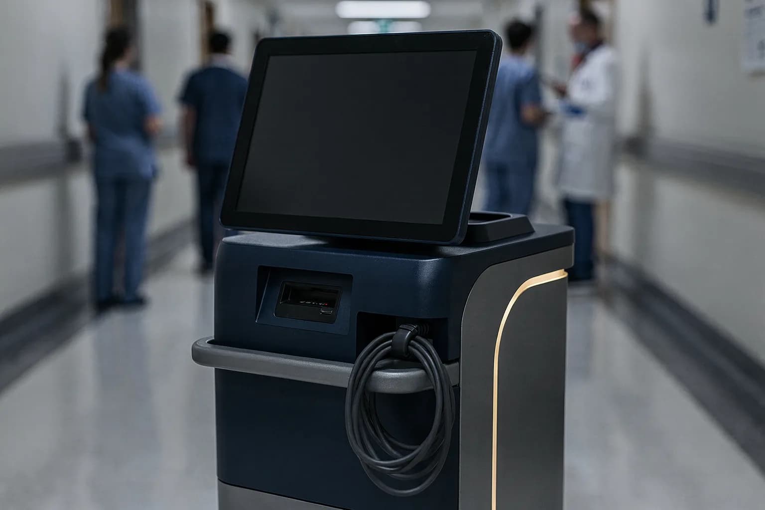 Fahrbarer Arbeitsplatz im Krankenhausflur mit leerem Bildschirm und Kartenleser, Kabel ordentlich geführt, kühles Licht
