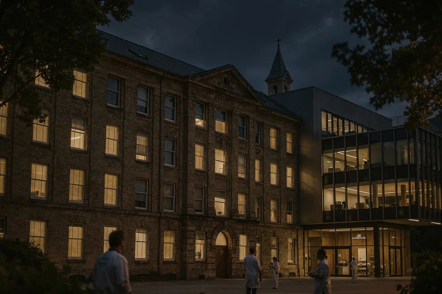 Historisches Backsteingebäude eines Krankenhauses in der Dämmerung mit modernem Anbau daneben, beleuchtete Fenster, alte Bäume