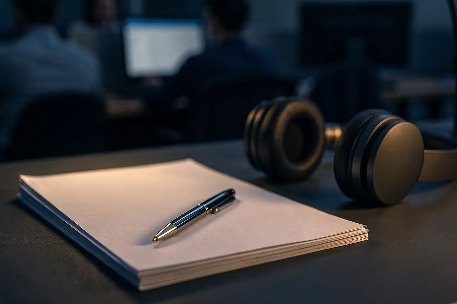 Unterlagenstapel und ein Stift auf einem Schreibtisch neben einem Headset, Seiten unbeschriftet, warme Schreibtischleuchte