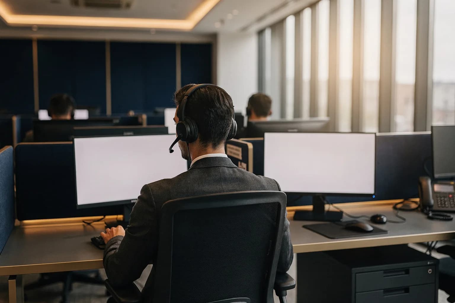 Helles Beratungsbüro mit Headset-Arbeitsplätzen, zwei Beraterinnen von hinten an Schreibtischen mit leeren Bildschirmen, Tageslicht durch große Fenster