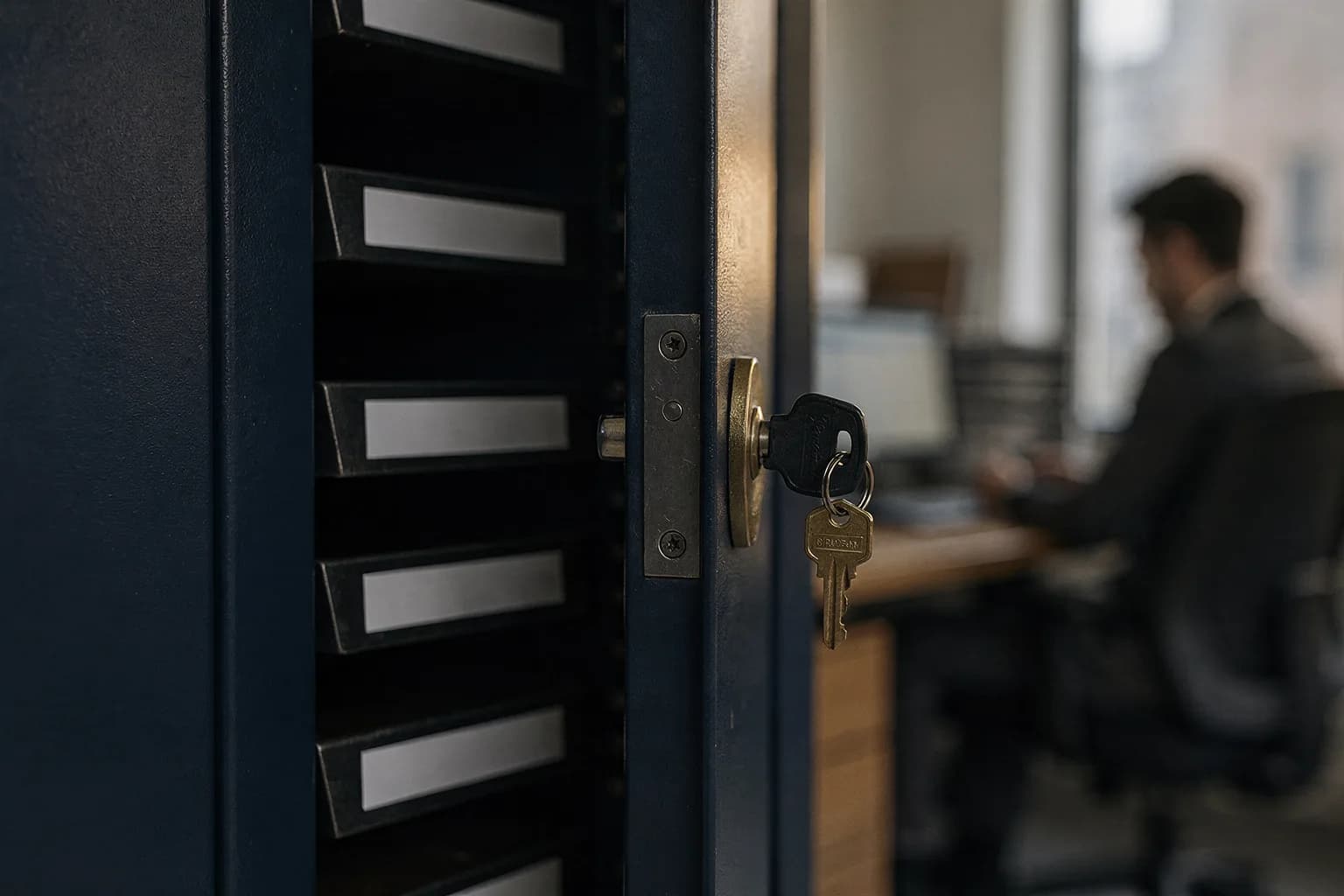 Abschließbarer Aktenschrank in einem Büro mit beschrifteten Trennblättern, Schlüssel im Schloss, weiches Tageslicht
