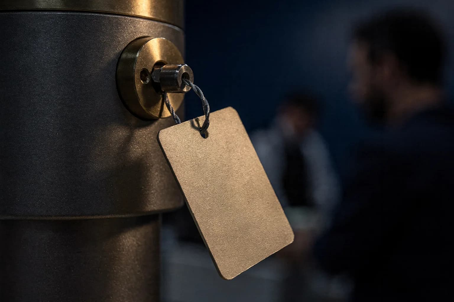 Plombendraht an einem Messgerätegehäuse, unbeschriftete Plakette, warme Spiegelung auf dem Metall