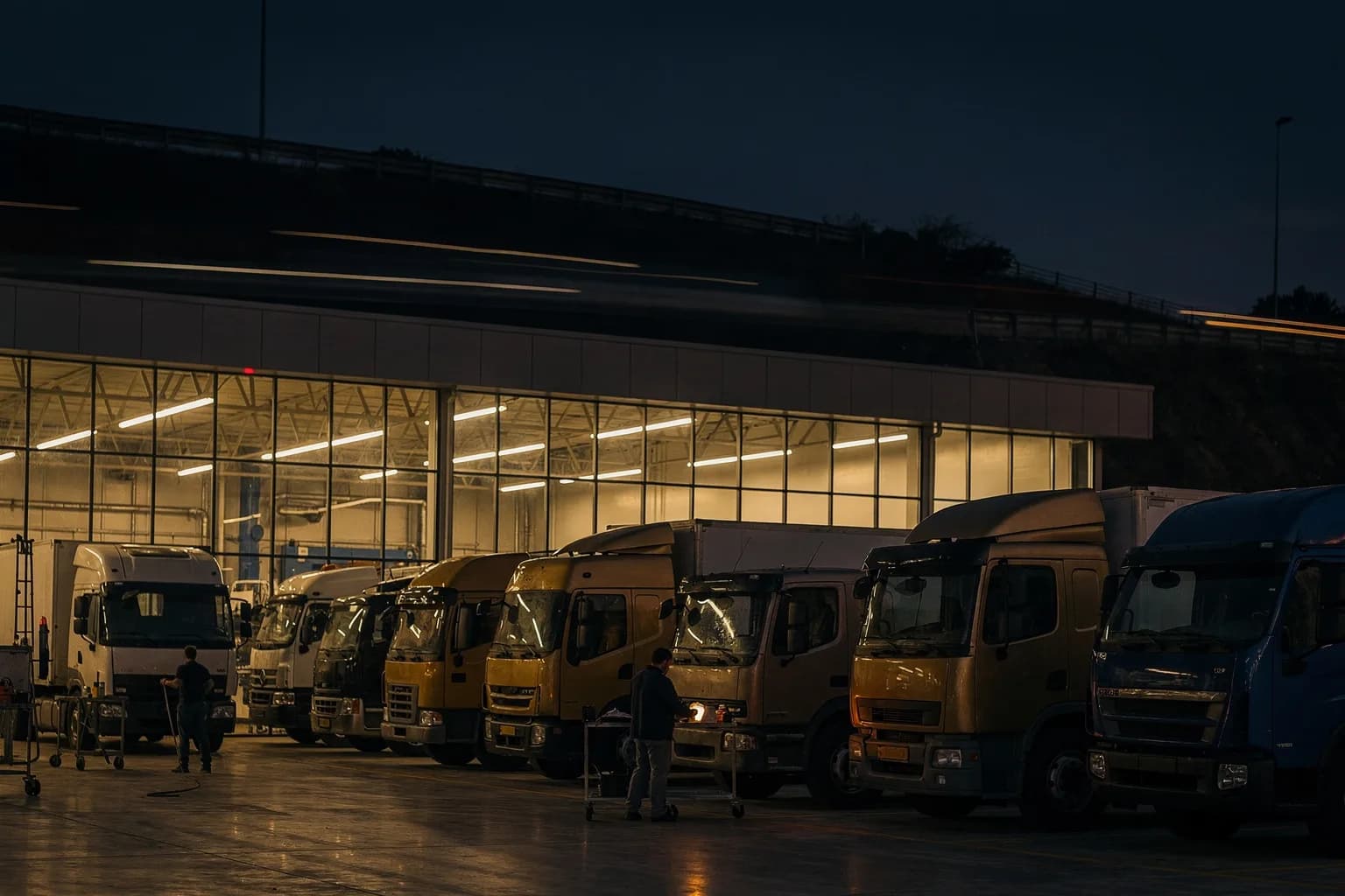 Nutzfahrzeughaus zur blauen Stunde mit beleuchteter Werkstatthalle und einer Fahrzeugreihe auf dem Vorplatz, Autobahndamm im Hintergrund
