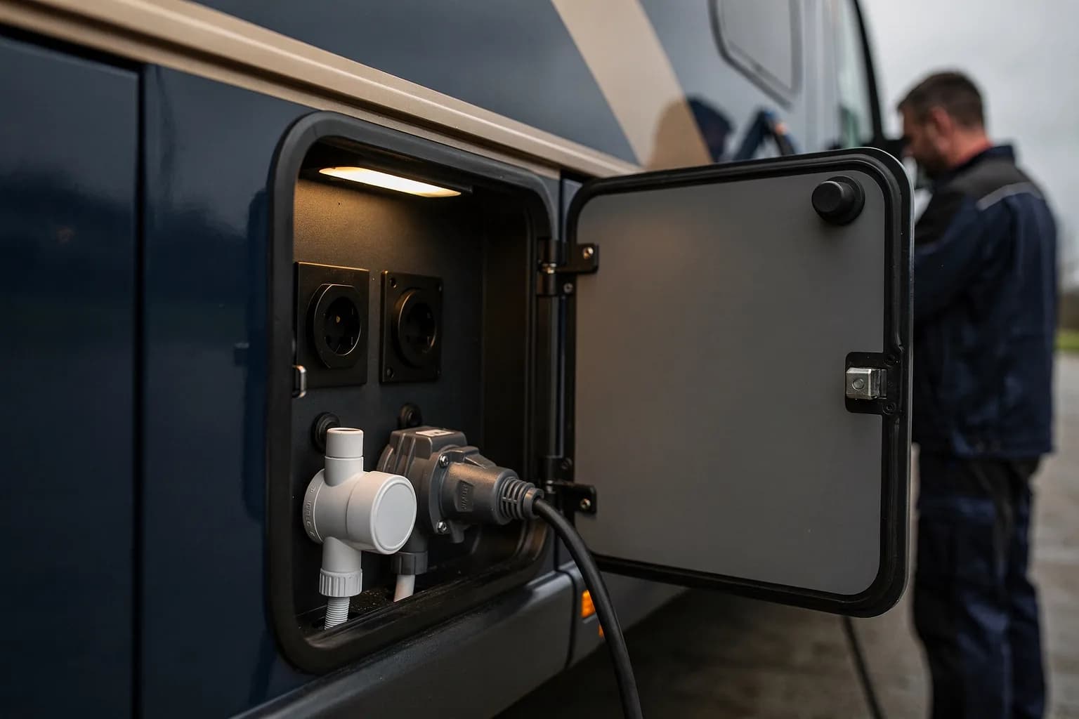 Geöffnete Service-Klappe an der Außenseite eines Reisemobils mit sichtbaren Anschlüssen für Wasser und Strom, bedecktes Tageslicht
