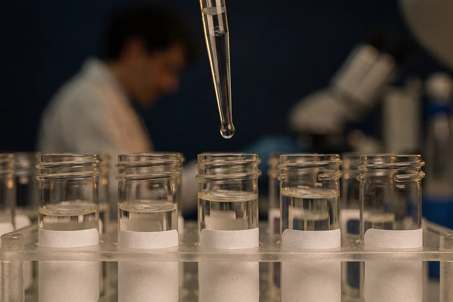 Probengläschen in einem Ständer, darüber eine Pipette, Etiketten unbeschriftet, sehr geringe Schärfentiefe