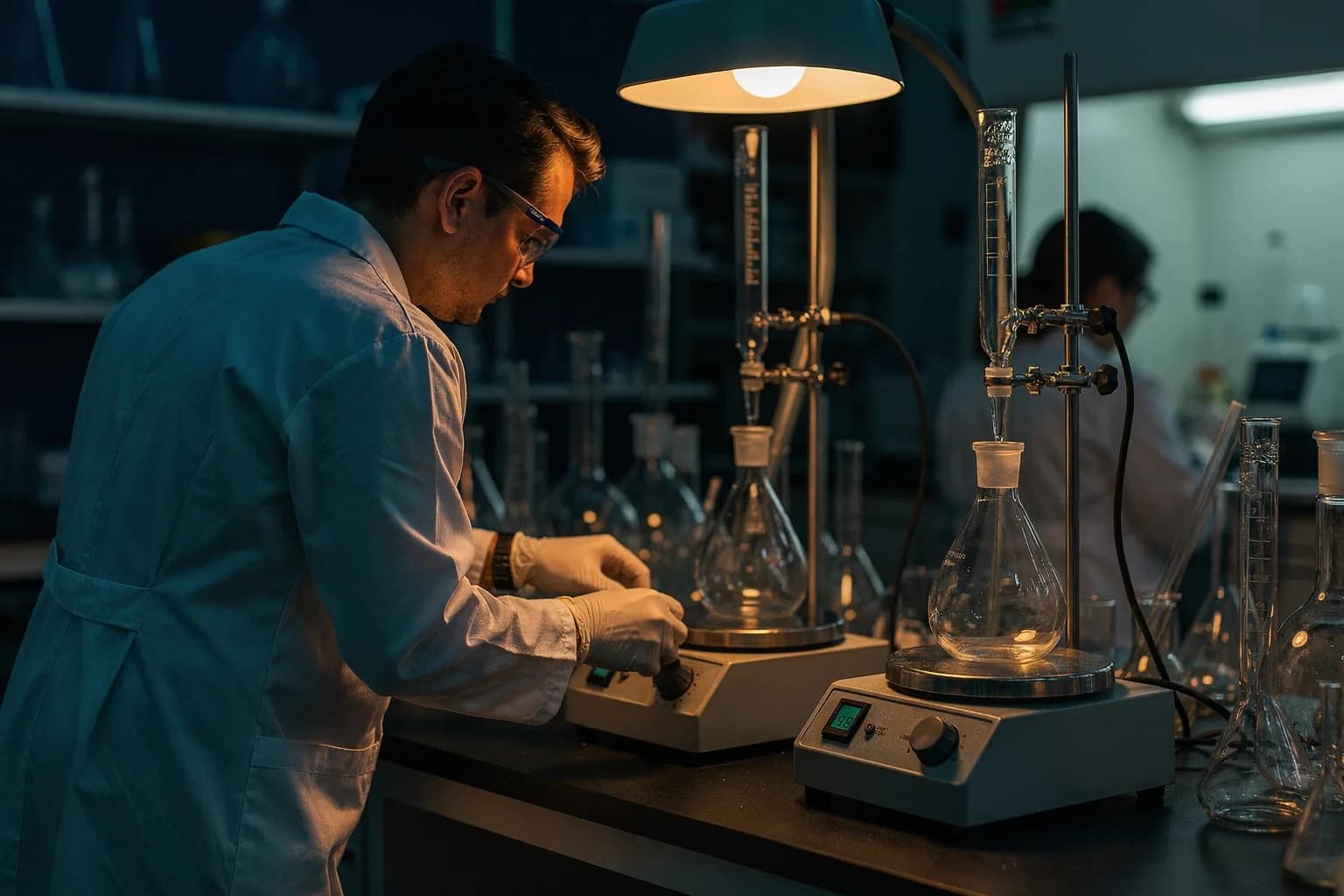 Labor für Spezialchemie mit Glaskolben auf der Bank, eine Chemikerin im Kittel mit Schutzbrille von hinten an einem Rührwerk