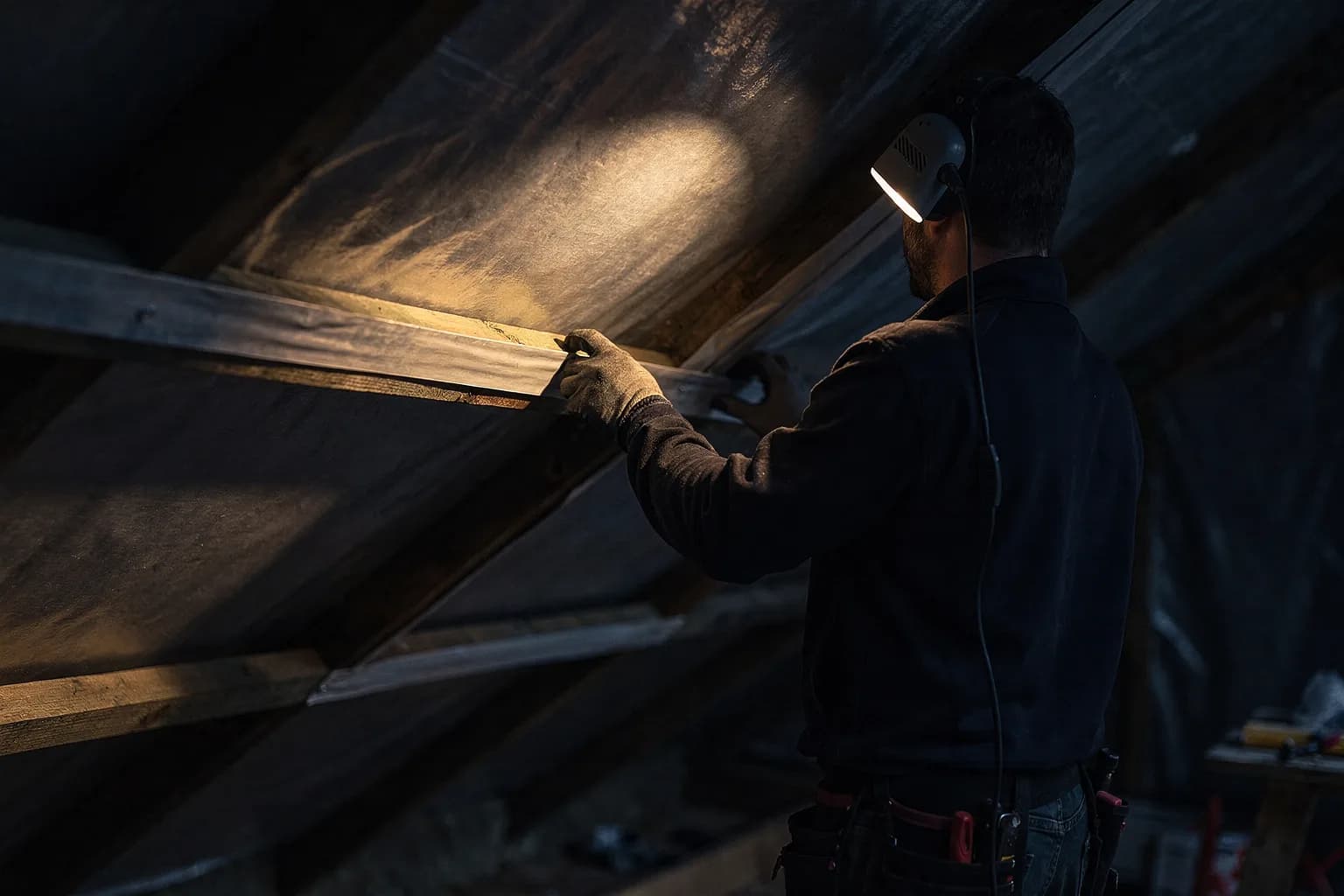 Dachinnenraum wird mit einer luftdichten Bahn abgeklebt, ein Handwerker von hinten drückt ein Klebeband auf eine Naht zwischen Sparren, Arbeitslicht