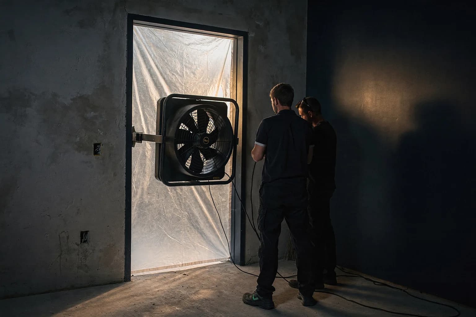 Blower-Door-Gebläse in der Türöffnung eines leeren Raums eingebaut, Tageslicht dahinter, rohe Putzwände