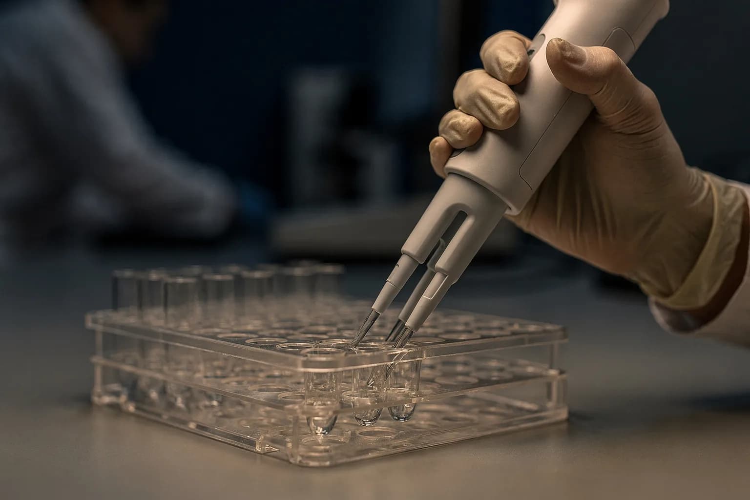 Nahaufnahme einer Mehrkanalpipette, die eine Mikrotiterplatte mit klarer Flüssigkeit befüllt, behandschuhte Hand, sehr geringe Schärfentiefe