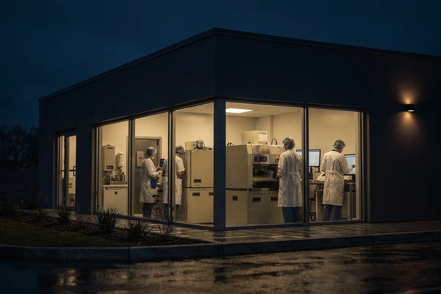 Kleines Pharmawerk in der Dämmerung mit sauberer Fassade und beleuchteten Fenstern, gepflegtes Gelände