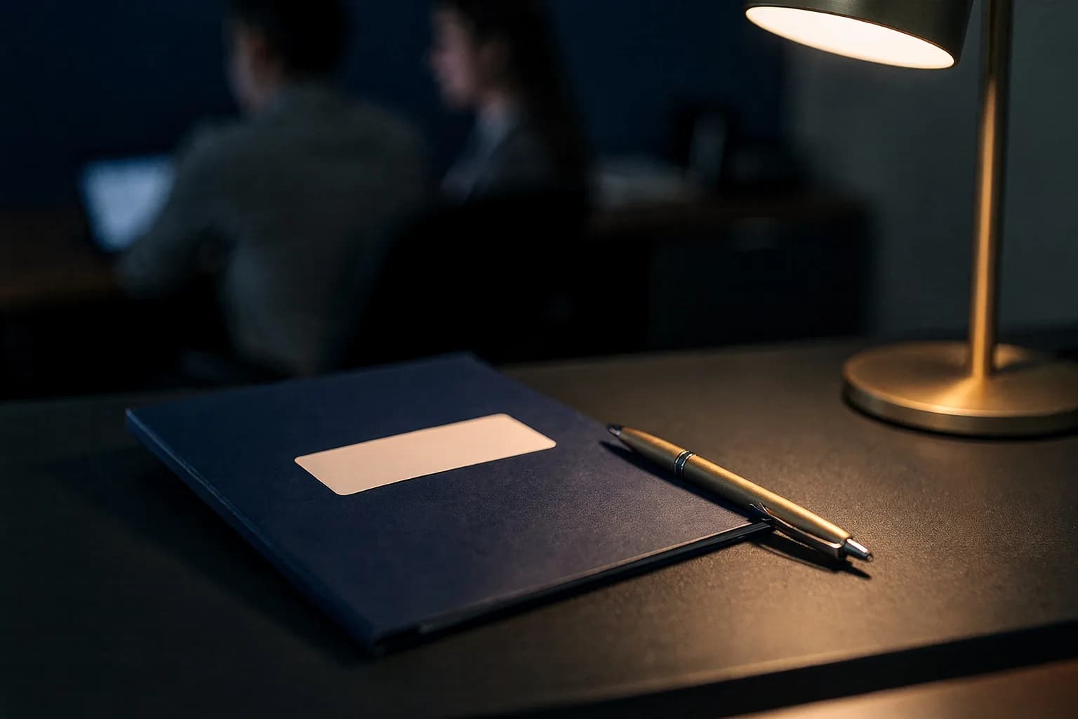 Nahaufnahme einer geschlossenen Patientenakte auf einem Schreibtisch mit unbeschriftetem Etikett und einem Stift, warmes Lampenlicht