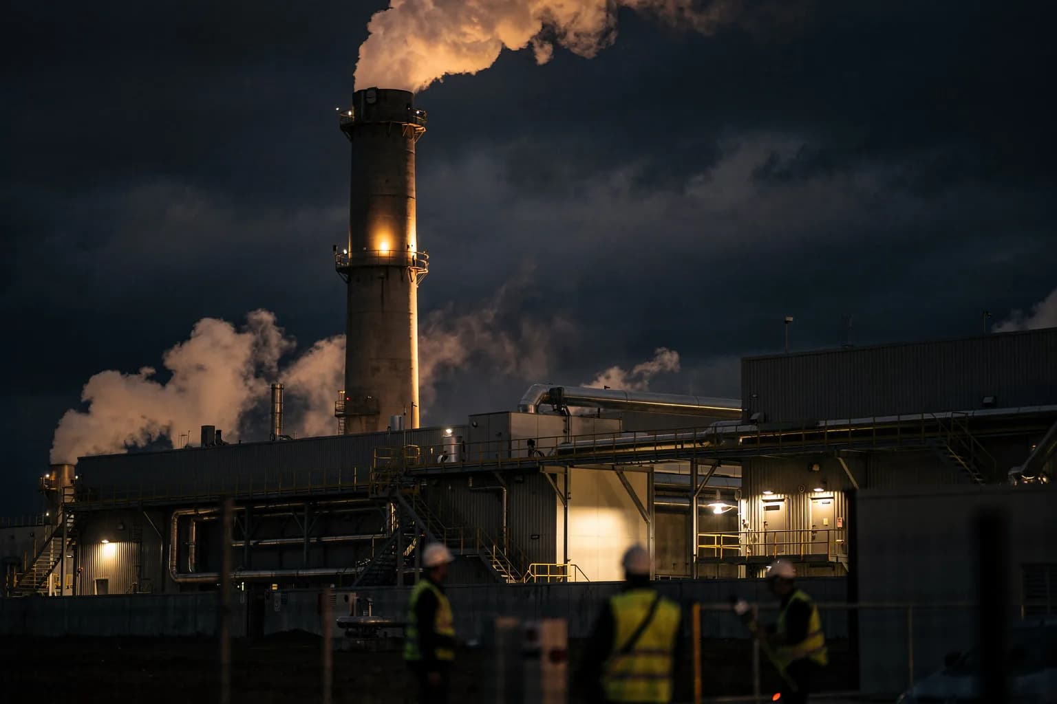 Hoher Industrieschornstein neben einer Müllverbrennungsanlage in der Dämmerung, flutlichtbeleuchteter Dampf, aus der Ferne aufgenommen