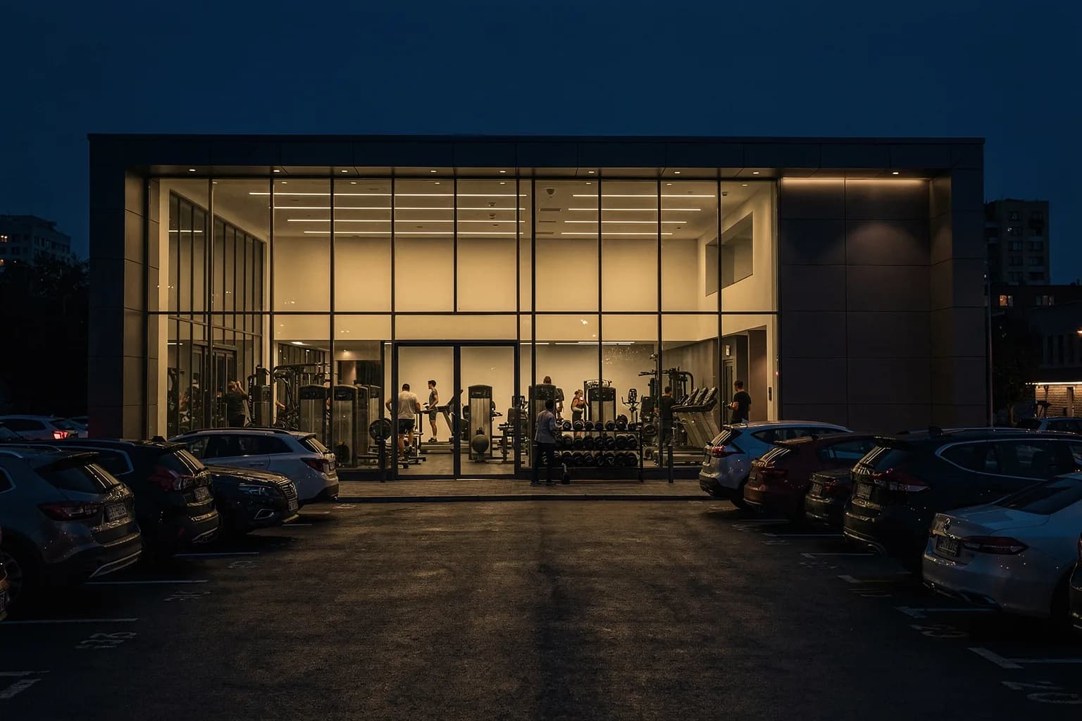 Fitnessclub-Gebäude in der Dämmerung mit beleuchteter Glasfassade und großem Parkplatz
