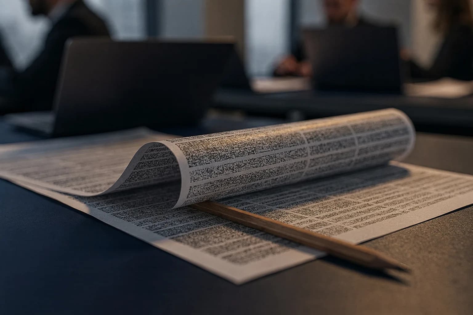Nahaufnahme gedruckter Tabellen und eines Bleistifts auf einem Schreibtisch, keine lesbaren Zeichen, geringe Schärfentiefe