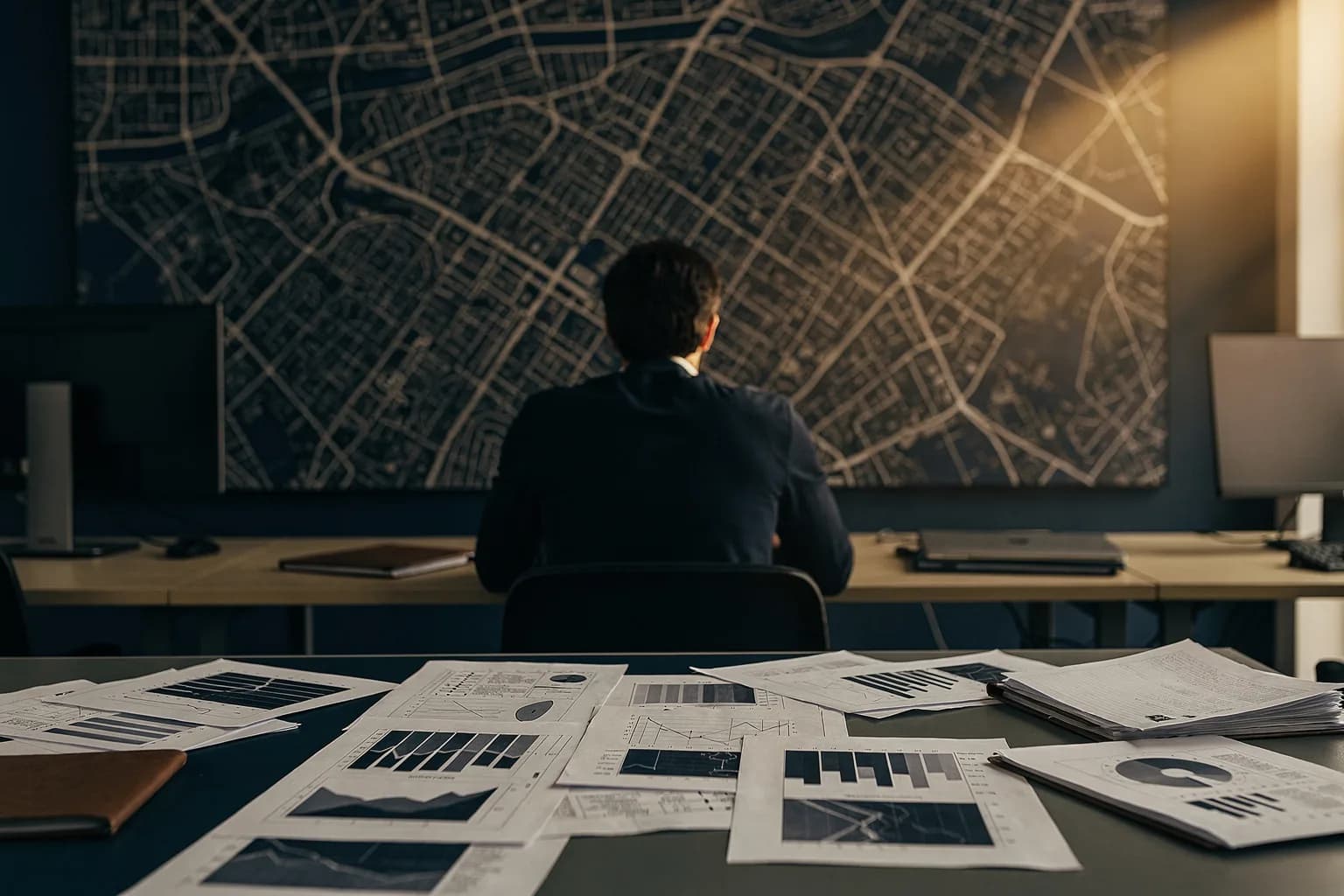 Büro mit einer großen Wandkarte einer Stadt und einem Schreibtisch voller gedruckter Auswertungen, eine Person von hinten an der Karte, warmes Seitenlicht