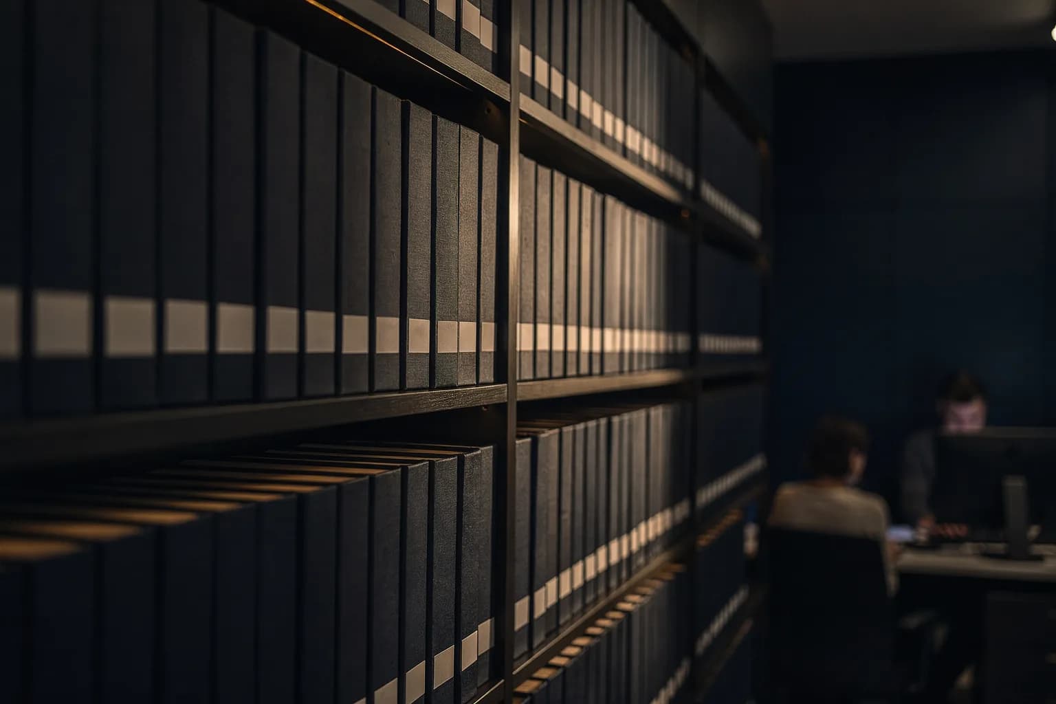 Regale mit gebundenen Berichten mit unbeschrifteten Buchrücken, fluchtende Reihe, weiches gerichtetes Licht