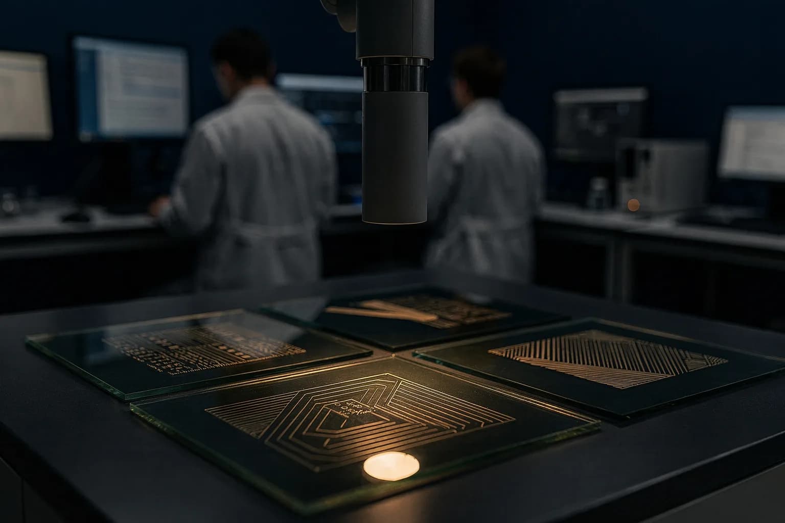 Laborbank mit gedruckten Testmustern auf Glasplatten unter einem Mikroskop, gleichmäßiges Licht, kein lesbarer Text