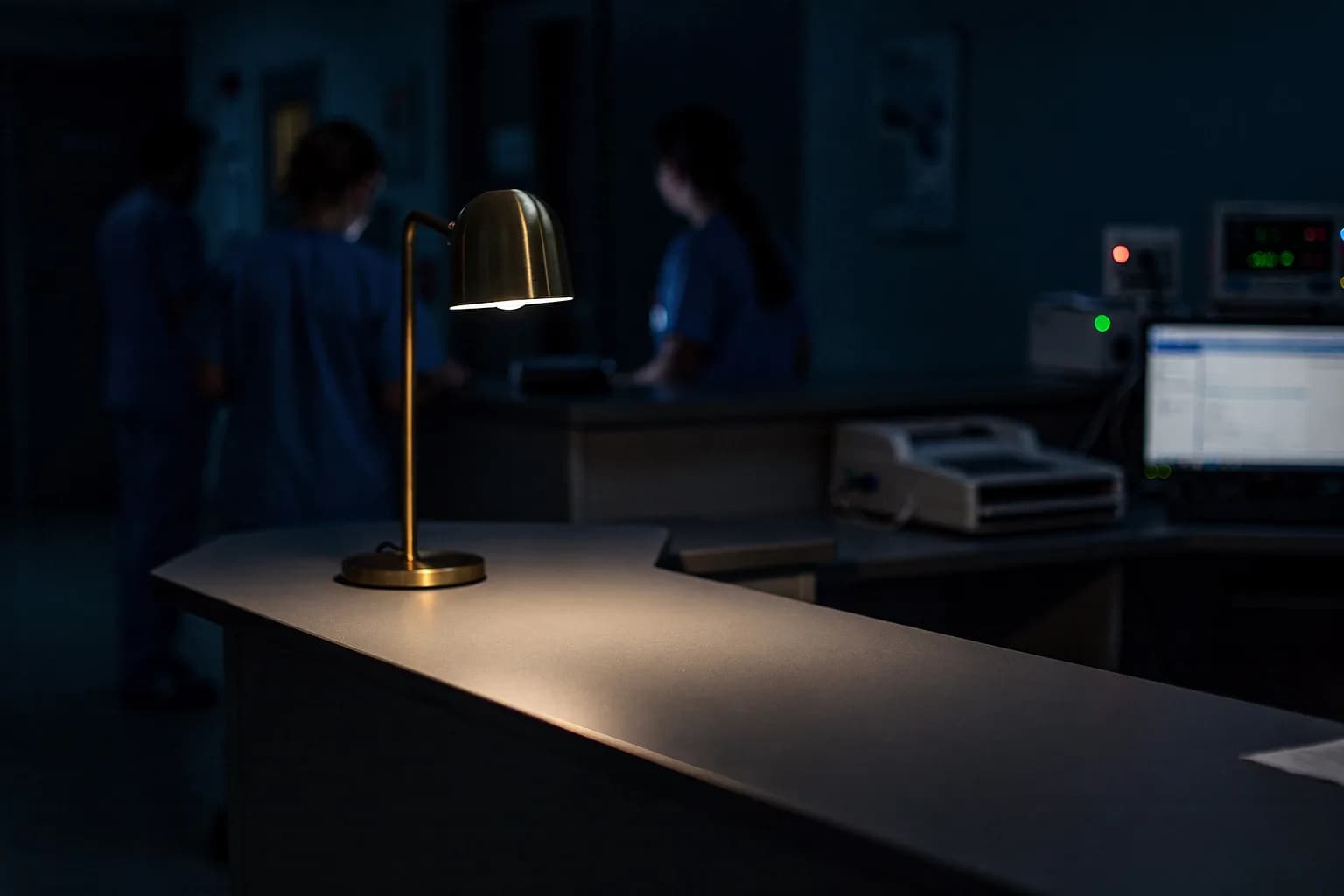 Leerer Stationsstützpunkt bei Nacht mit kleinen Anzeigeleuchten und einer Schreibtischlampe, keine lesbaren Bildschirme