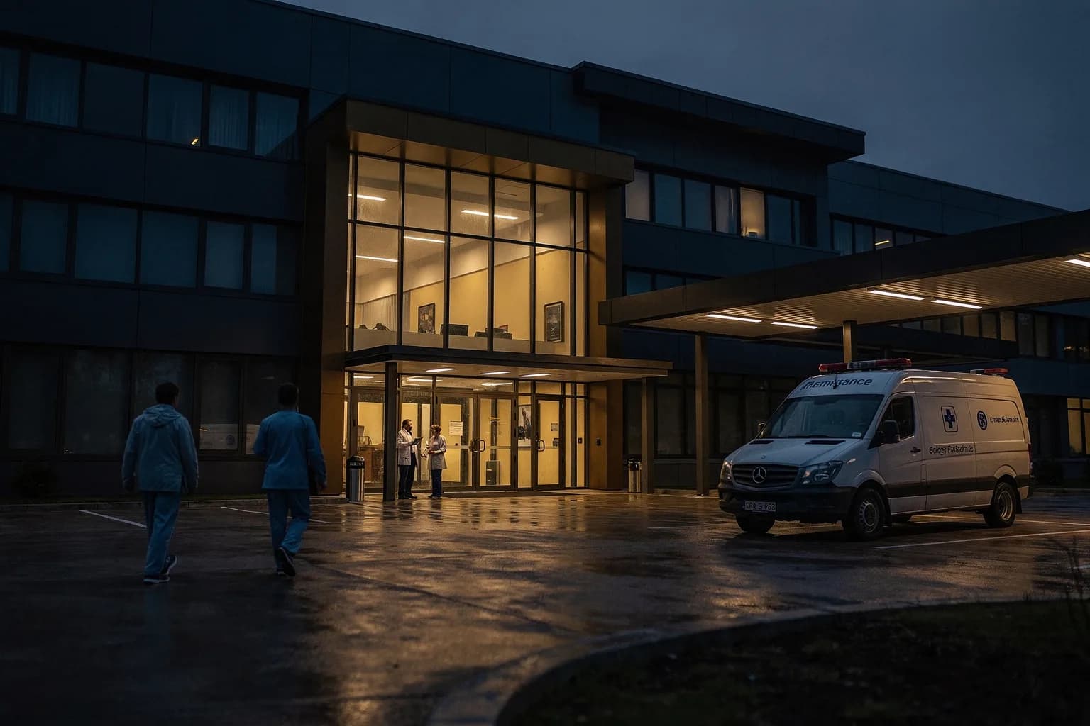 Klinikgebäudekomplex in der Dämmerung mit beleuchtetem Eingang und einer Rettungszufahrt, ruhiger Vorplatz