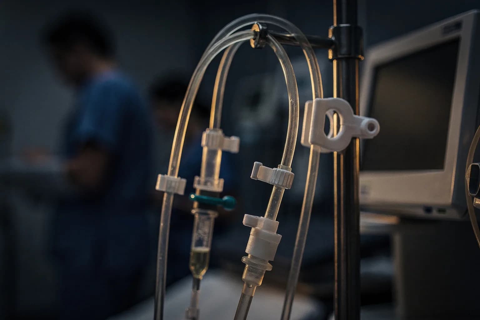 Nahaufnahme von Schlauchsystem und Klemmen an einem Dialysegerät auf einem Ständer, kein Patient, kühles klinisches Licht