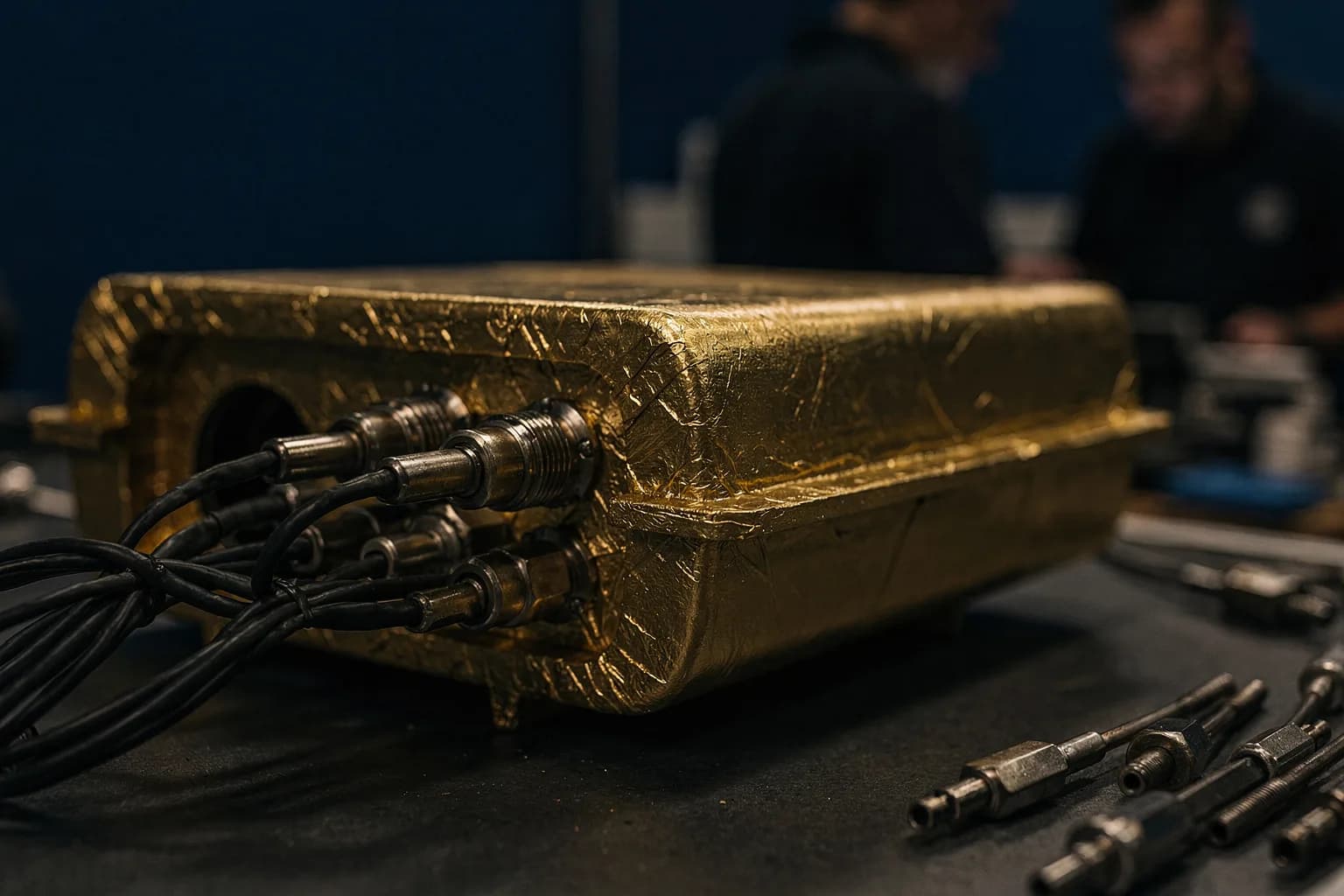 Nahaufnahme eines in Goldfolie gewickelten Instrumentengehäuses mit Steckverbindern und Kabelbaum, sehr geringe Schärfentiefe