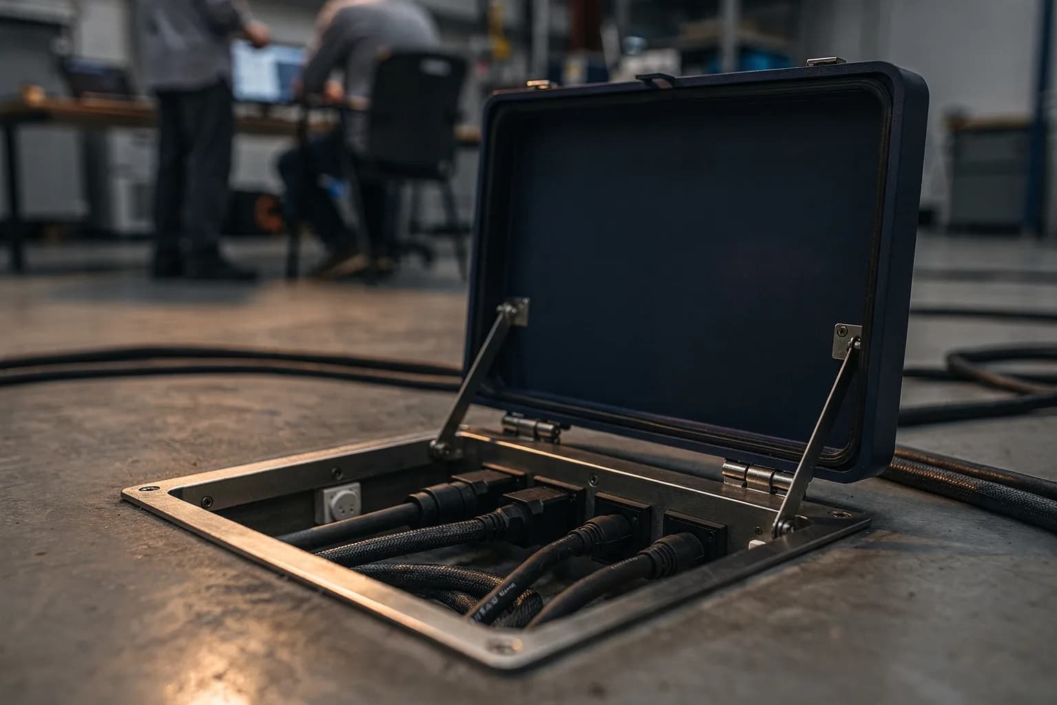 Nahaufnahme eines geöffneten Bodentanks im Industrieboden mit Strom- und Netzwerkdosen, laufende Kabel