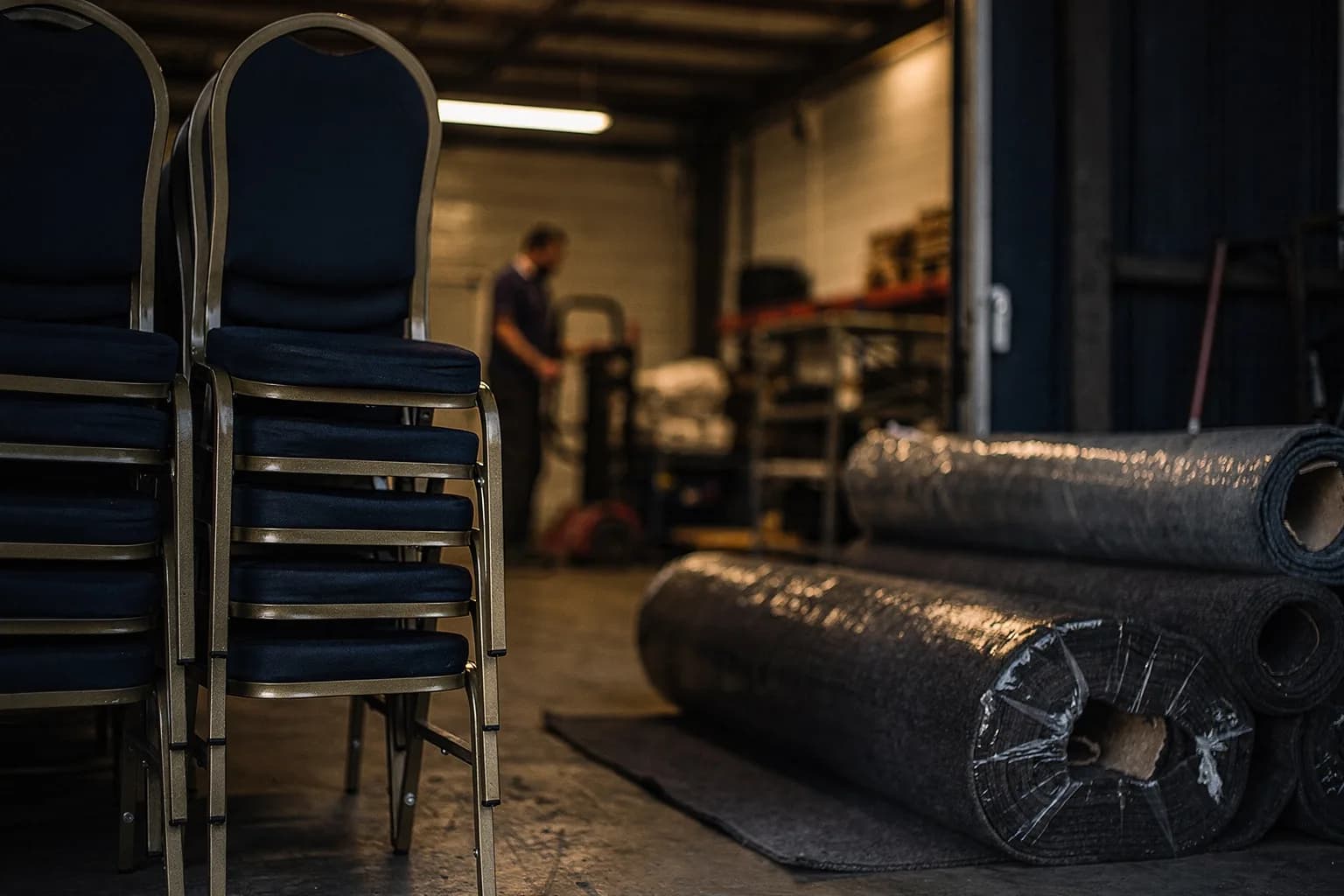 Gestapelte Bankettstühle und aufgerollter Teppich in einem Lagerbereich neben einem Ladetor, Arbeitslicht