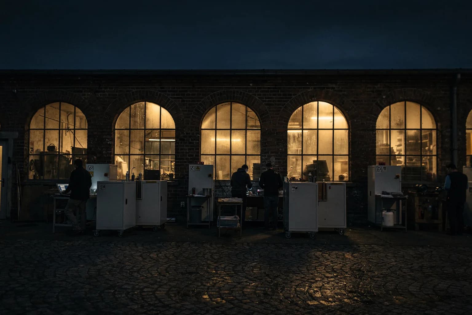 Backsteingebäude der Industrie in der Dämmerung mit hohen Rundbogenfenstern, von innen erleuchtet, gepflasterter Vorplatz