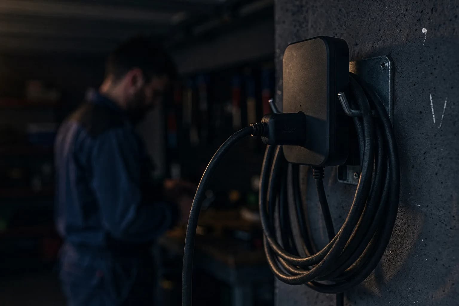 Nahaufnahme eines Ladekabels, das in ein Wandgerät in einer Garage gesteckt ist, Kabel auf einem Haken aufgerollt