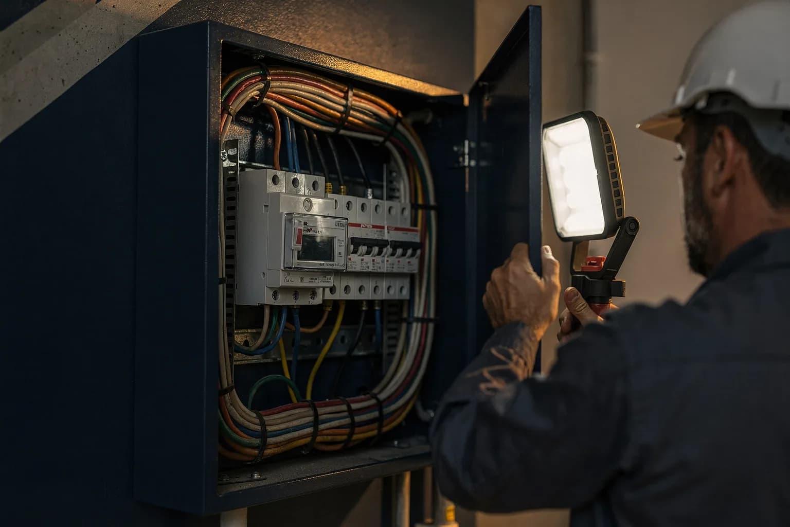 Geöffneter Hausverteilerkasten mit Zähler und Sicherungsautomaten, ordentliche Verdrahtung, Arbeitslicht