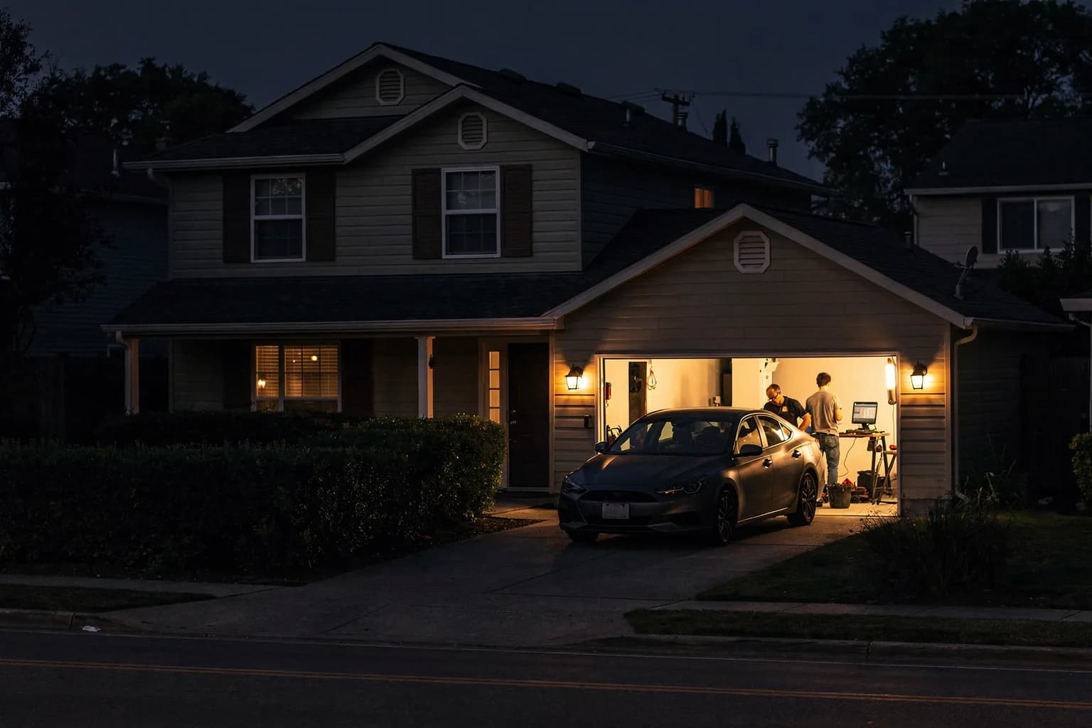 Einfamilienhaus in der Dämmerung mit beleuchteter Garage und einem Auto in der Einfahrt, Hecke und ruhige Straße