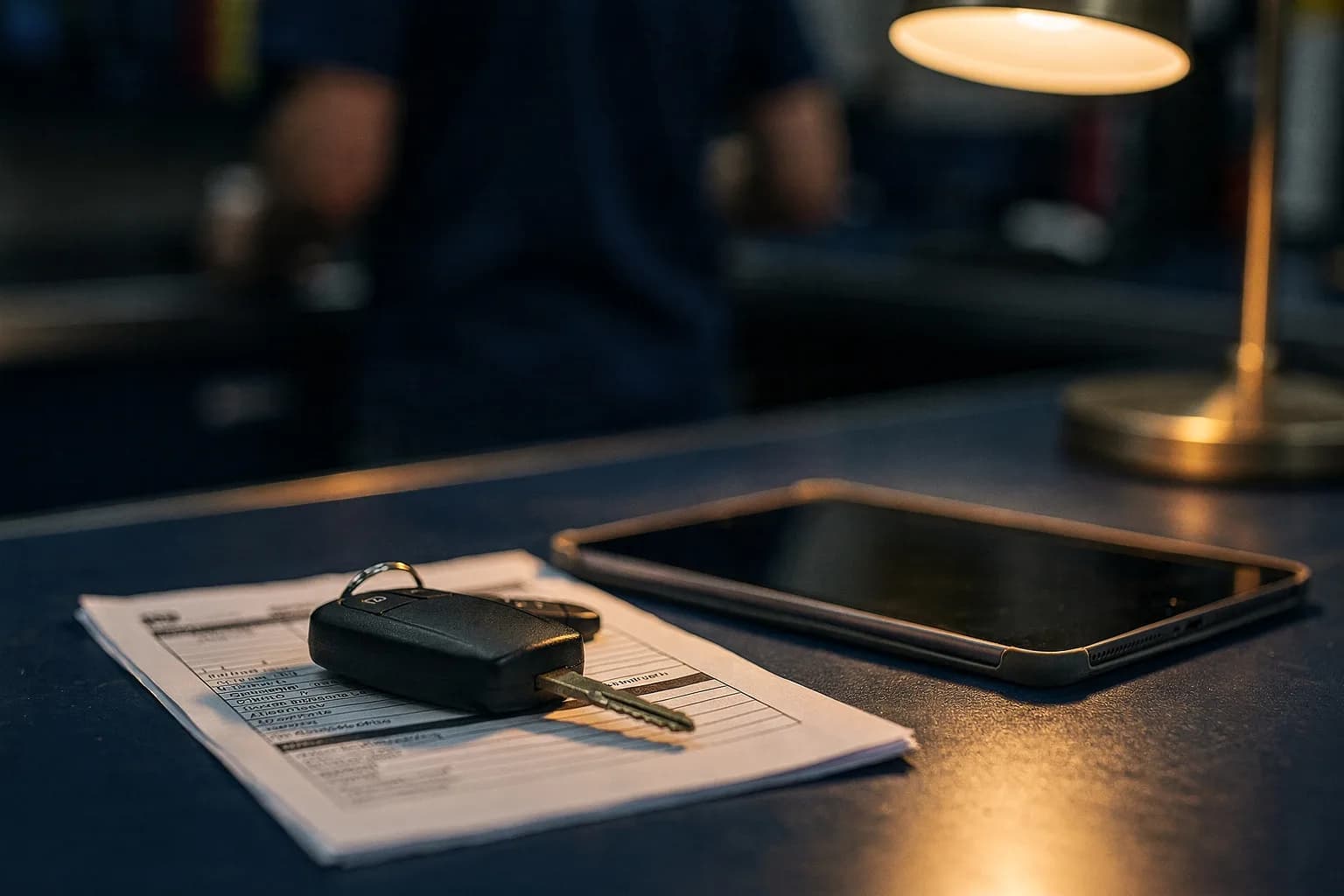 Fahrzeugschlüssel und Unterlagen auf einem Werkstatttresen, daneben ein Tablet, warmes Licht einer Schreibtischleuchte