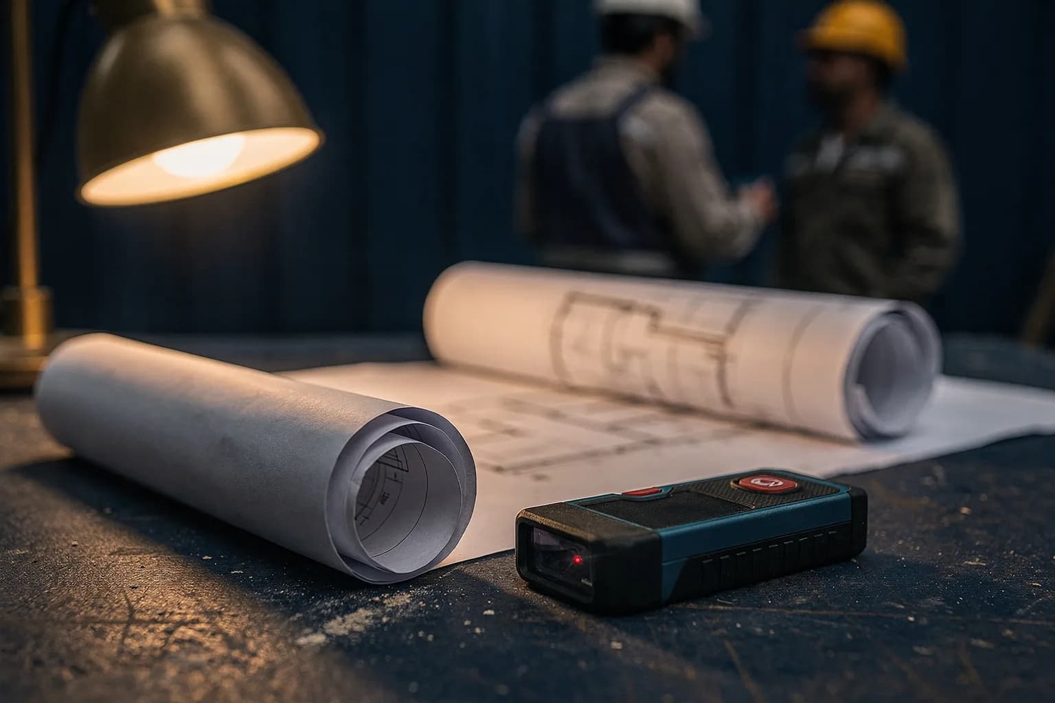 Zusammengerollte Baupläne und ein Lasermessgerät auf einem Bautisch, Staub, warme Arbeitsleuchte