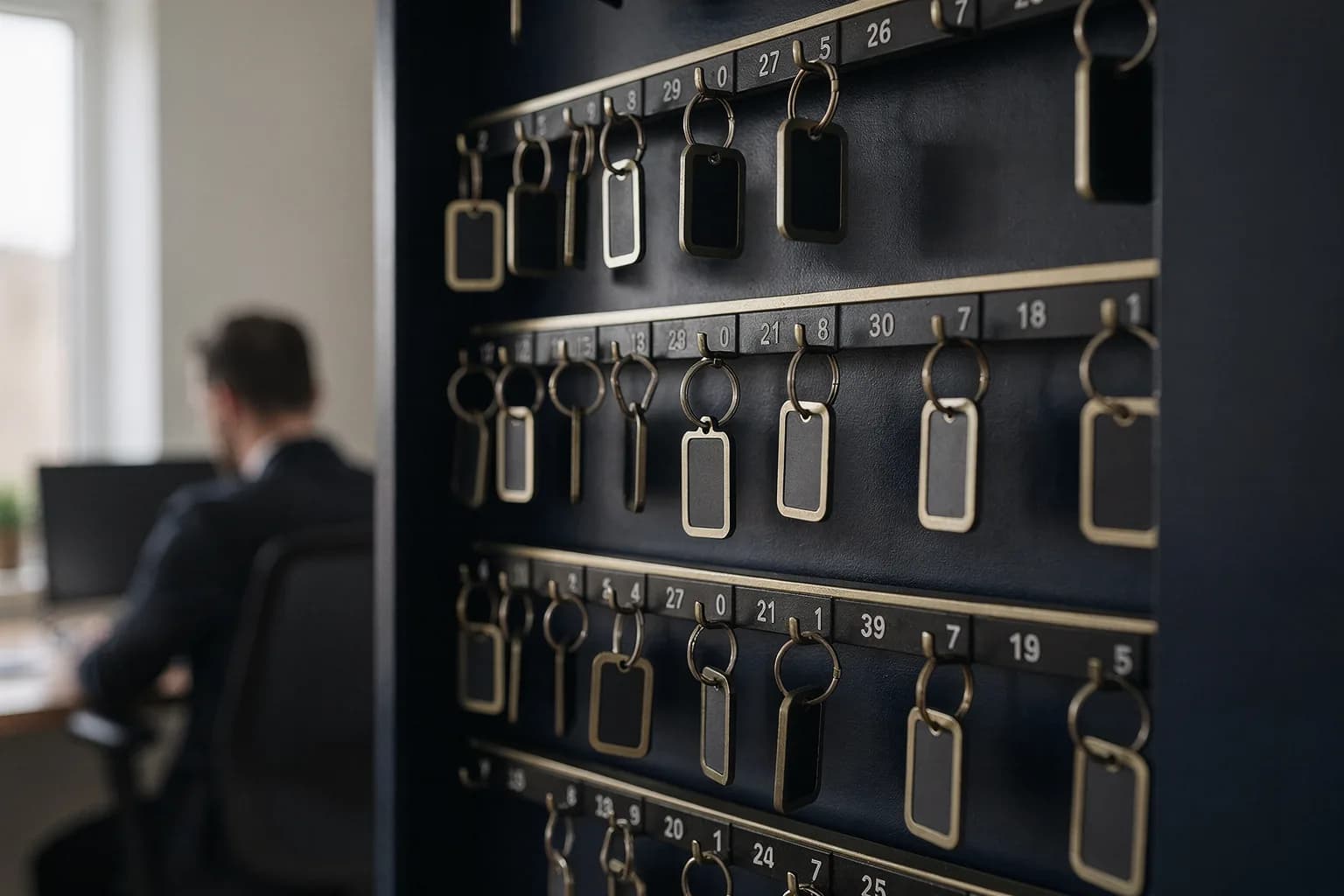Schlüsselschrank mit nummerierten Haken in einem Verwaltungsbüro, einige Schlüssel hängen, weiches Tageslicht