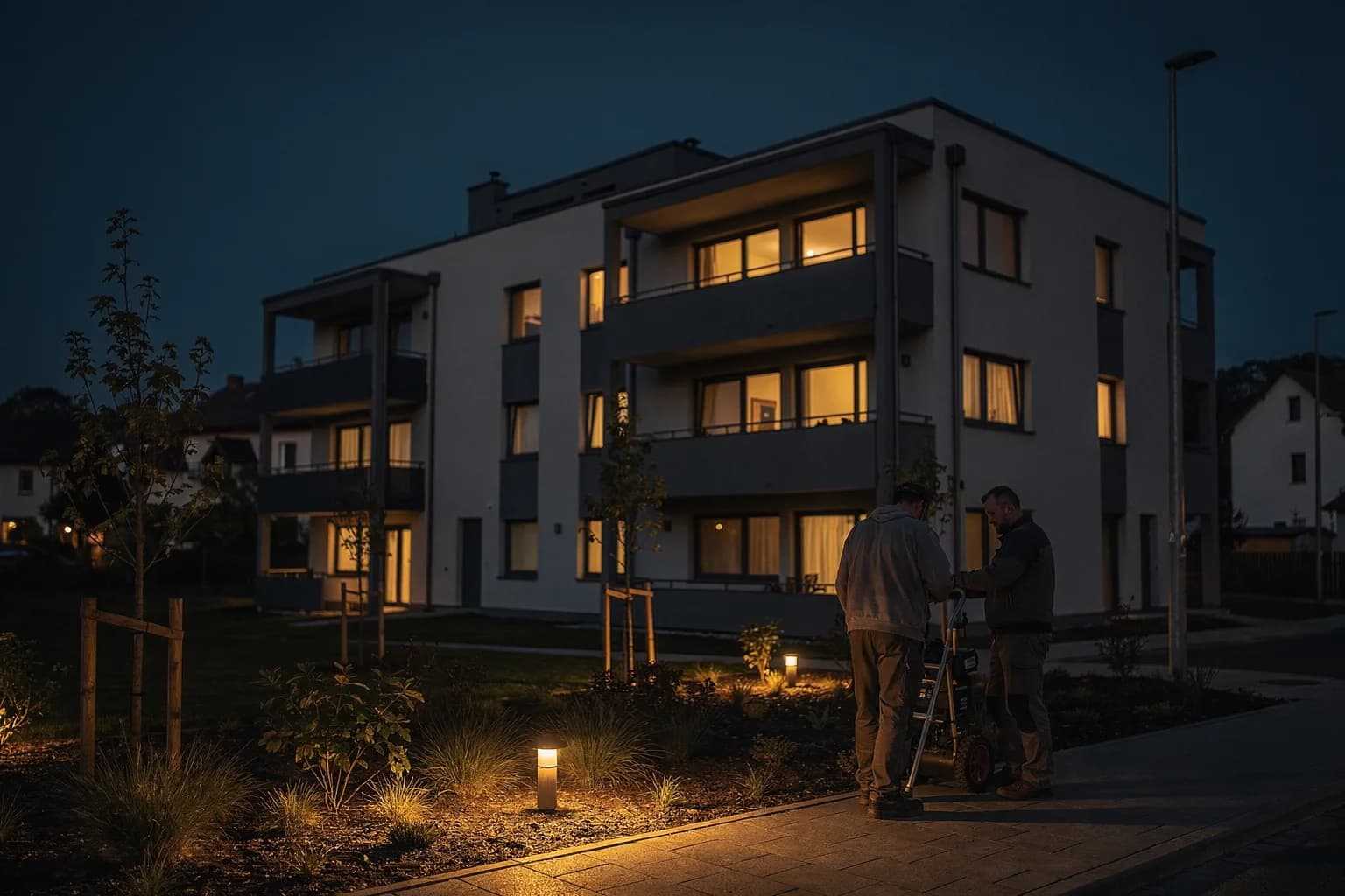 Fertiggestellter Wohnblock in einer Kleinstadt zur blauen Stunde, von innen beleuchtete Balkone, junge Bepflanzung davor