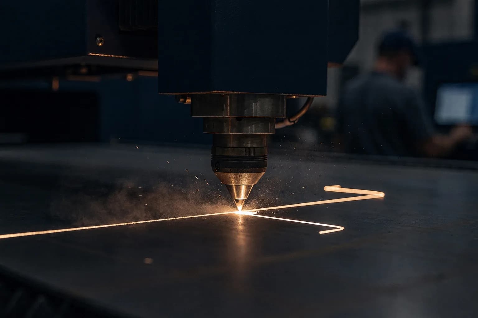 Laserschneidkopf über einer Stahltafel, die geschnittene Kontur sichtbar, feiner Rauchschleier