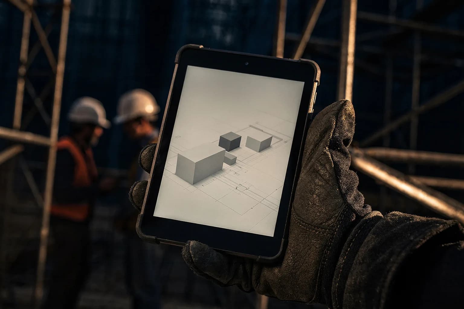 Robustes Tablet mit einem Plan, gehalten von einer behandschuhten Hand, dahinter unscharf ein Baugerüst