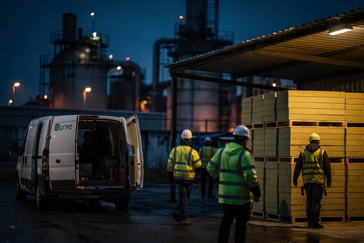 Baulogistikhof neben einer Industrieanlage zur blauen Stunde, gestapeltes Dämmmaterial unter einem Vordach, ein Kolonnenfahrzeug mit offenen Hecktüren