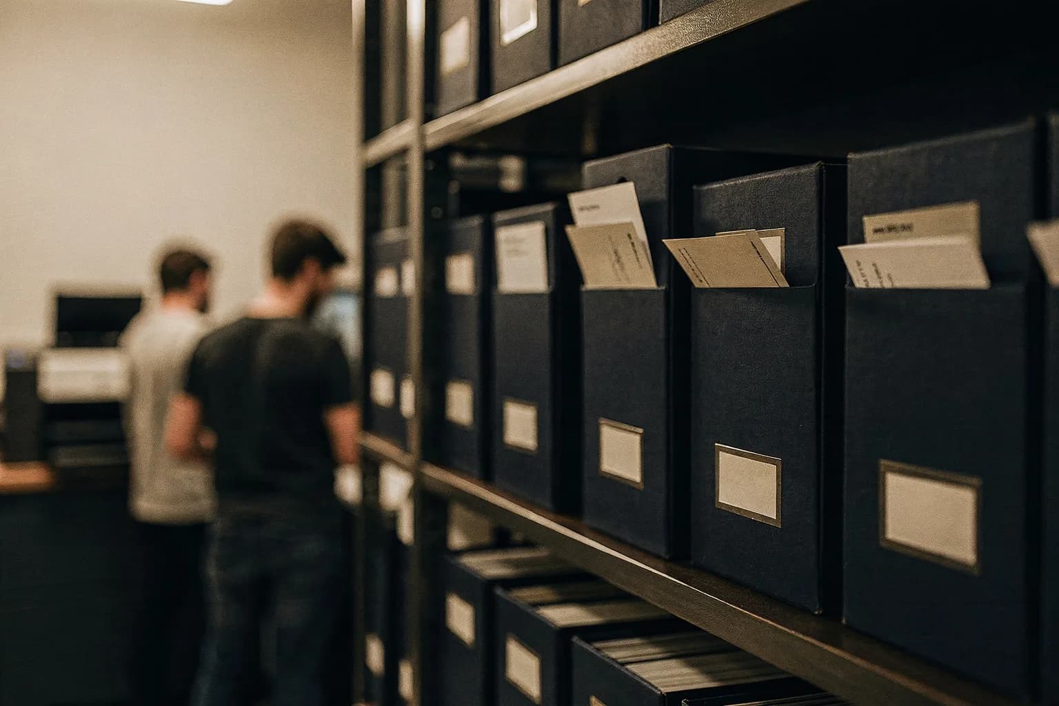 Archivierte Druckmuster in beschrifteten Kästen im Regal, eingesteckte Chargenkarten, weiches warmes Licht