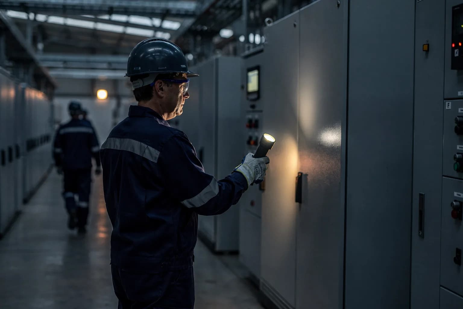 Halle einer Umspannstation mit grauen Schaltschränken, ein Techniker in Schutzkleidung von hinten mit Handlampe