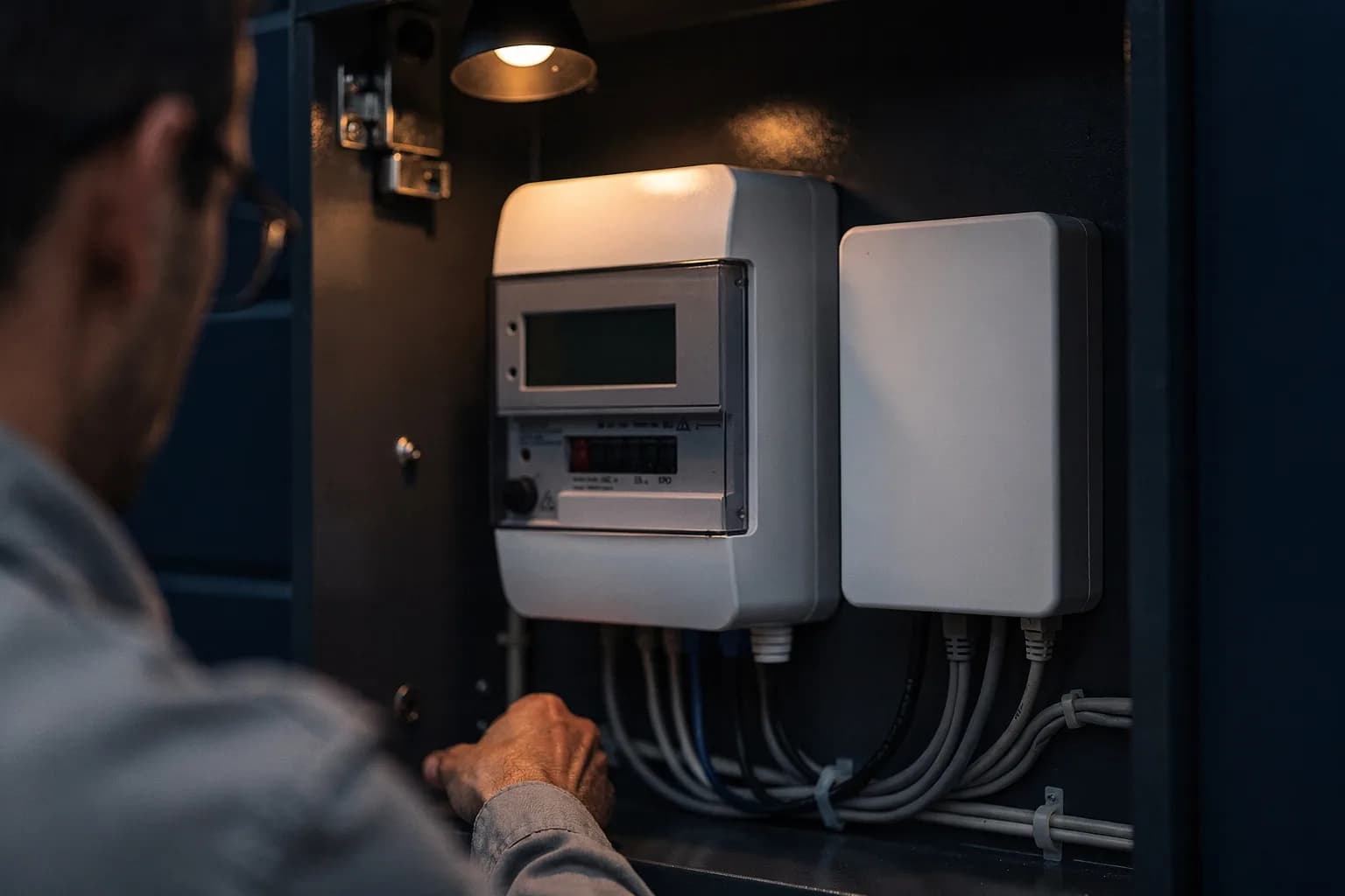 Moderne elektronische Messeinrichtung in einem geöffneten Zählerschrank mit Kommunikationsmodul