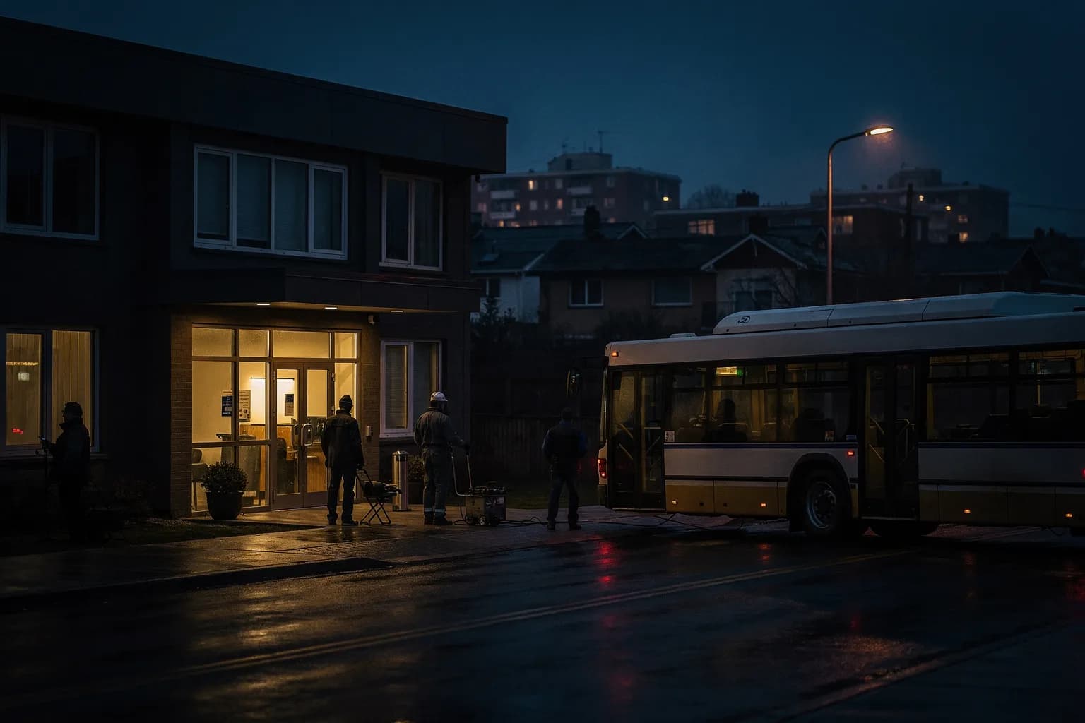 Gebäude eines Stadtwerks in der Dämmerung, davor fährt ein Stadtbus ab, nasse Straße mit Spiegelungen