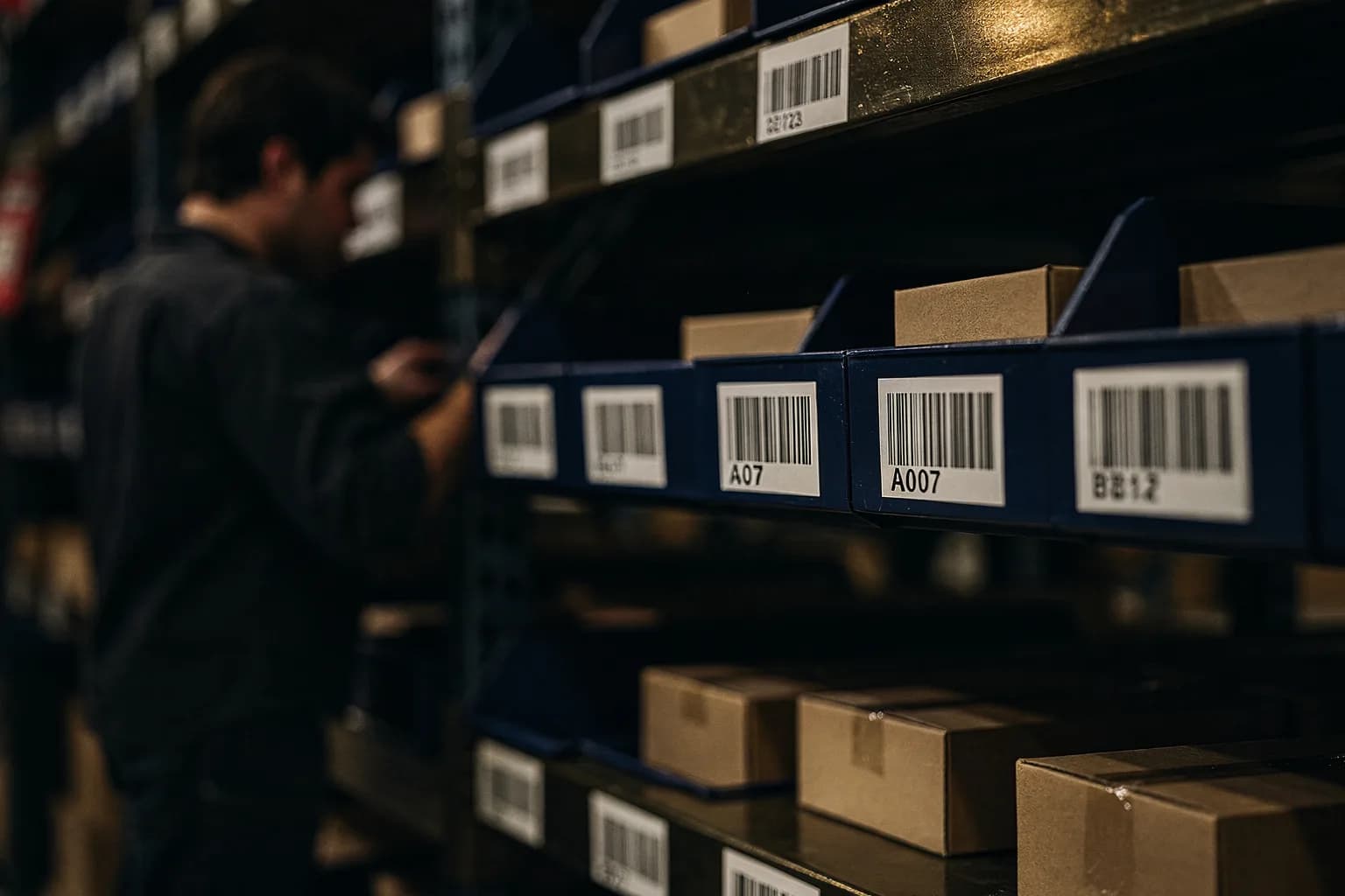 Regal mit nummerierten Lagerplätzen und kleinen Paketen, an der Regalkante ein Barcode-Etikett
