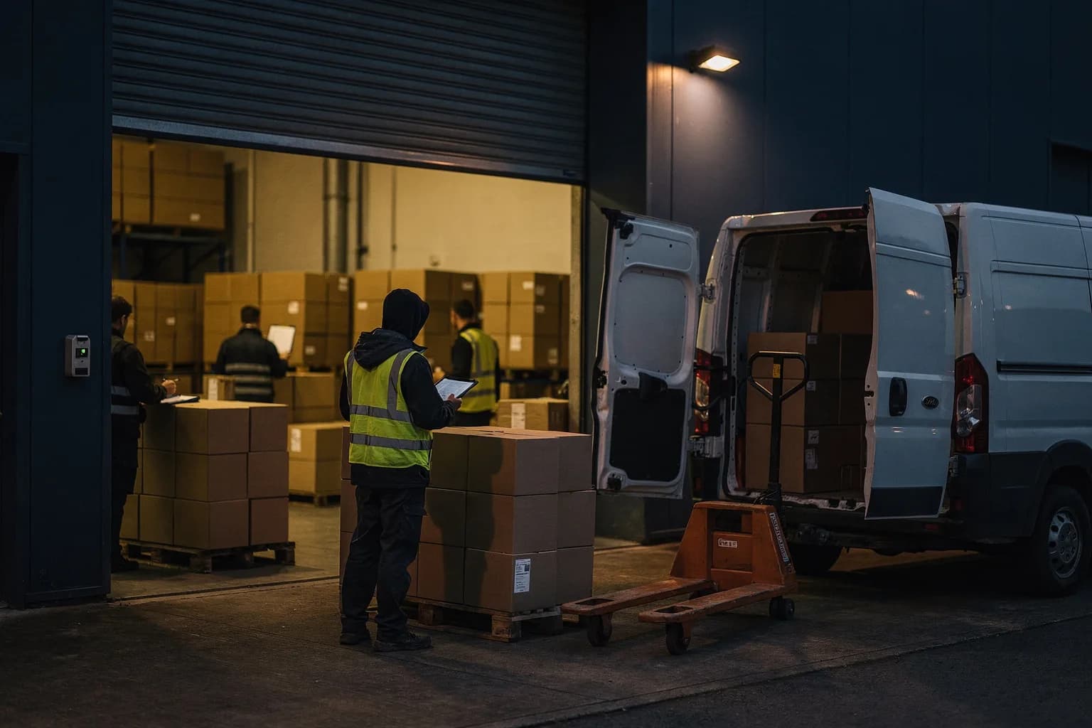 Wareneingang eines Handelshauses in der Dämmerung, halb geöffnetes Rolltor, Paletten mit Kartons, ein Transporter an der Rampe