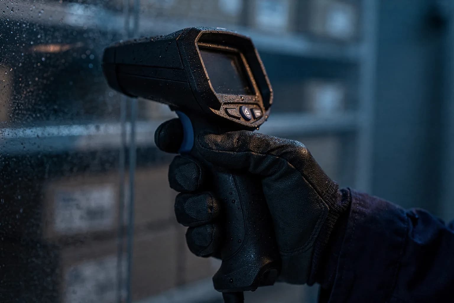 Behandschuhte Hand hält einen Handscanner vor einem bereiften Regal, Kondenswasser auf dem Gehäuse