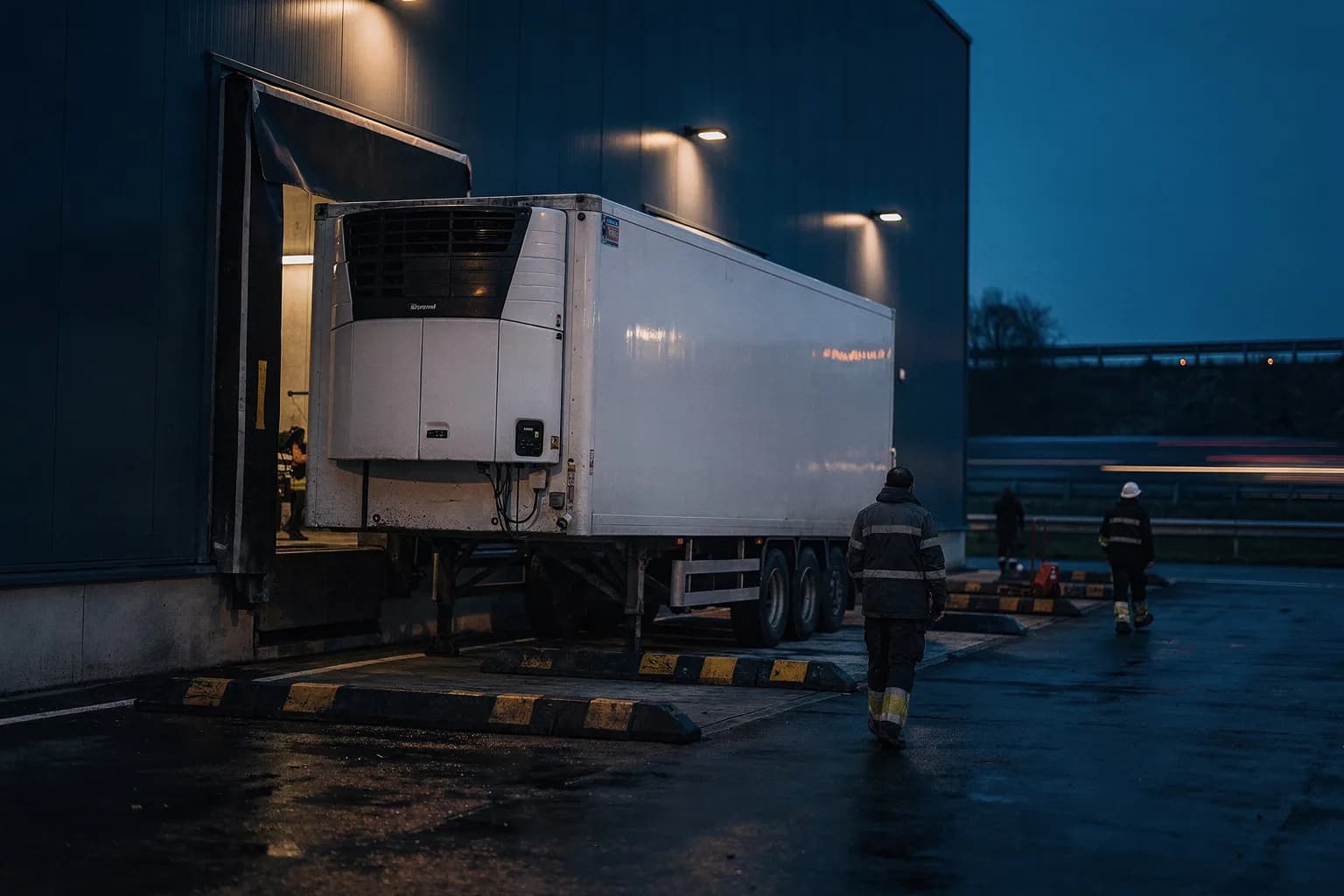 Verladerampe einer Kühlhalle in der Dämmerung, angedockter Kühlauflieger mit laufendem Aggregat, nasser Asphalt