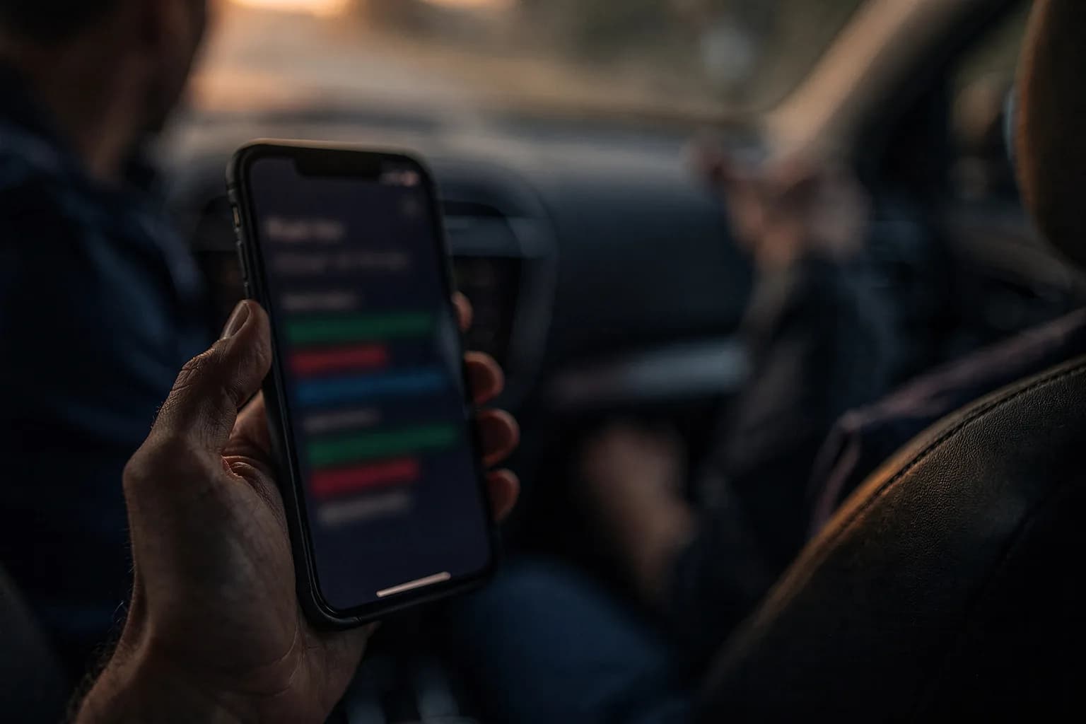 Smartphone in der Hand einer Pflegekraft mit einer Tourenliste, dahinter unscharf ein Fahrzeuginnenraum, Morgenlicht