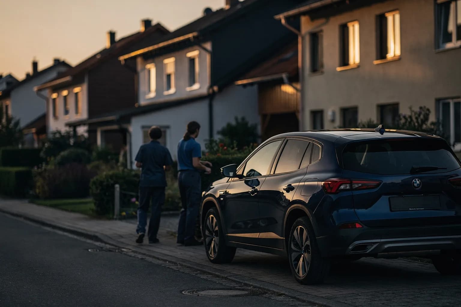 Wohnstraße in einer Kleinstadt im ersten Licht, ein kleiner Wagen eines Pflegedienstes am Bordstein, Vorgärten, niedrige Häuser