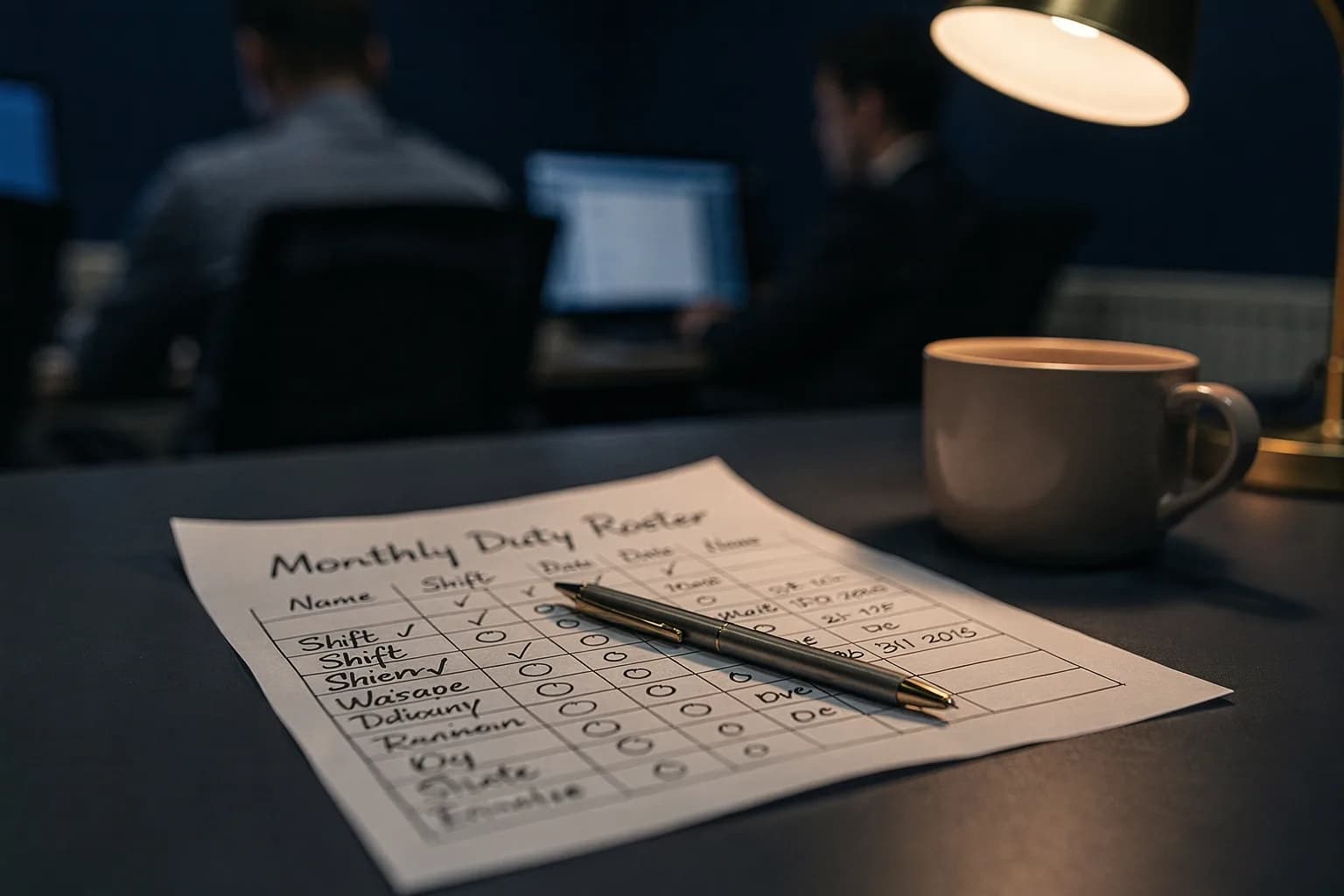 Dienstplanbogen für einen Monat auf einem Schreibtisch, daneben Stift und Kaffeetasse, handschriftliche Markierungen