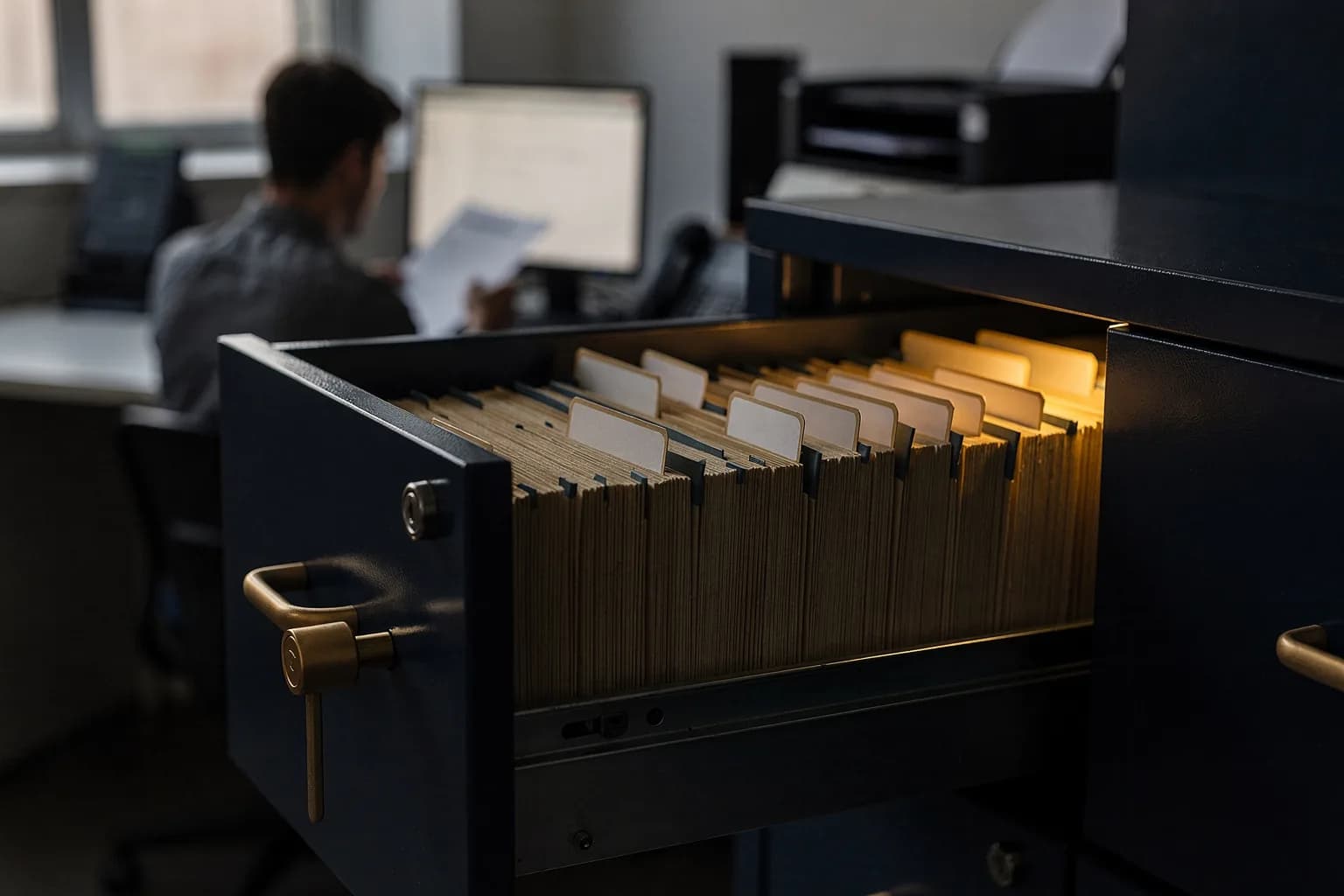 Personalakten in einem verschlossenen Stahlschrank, Registerreiter sichtbar, weiches Licht